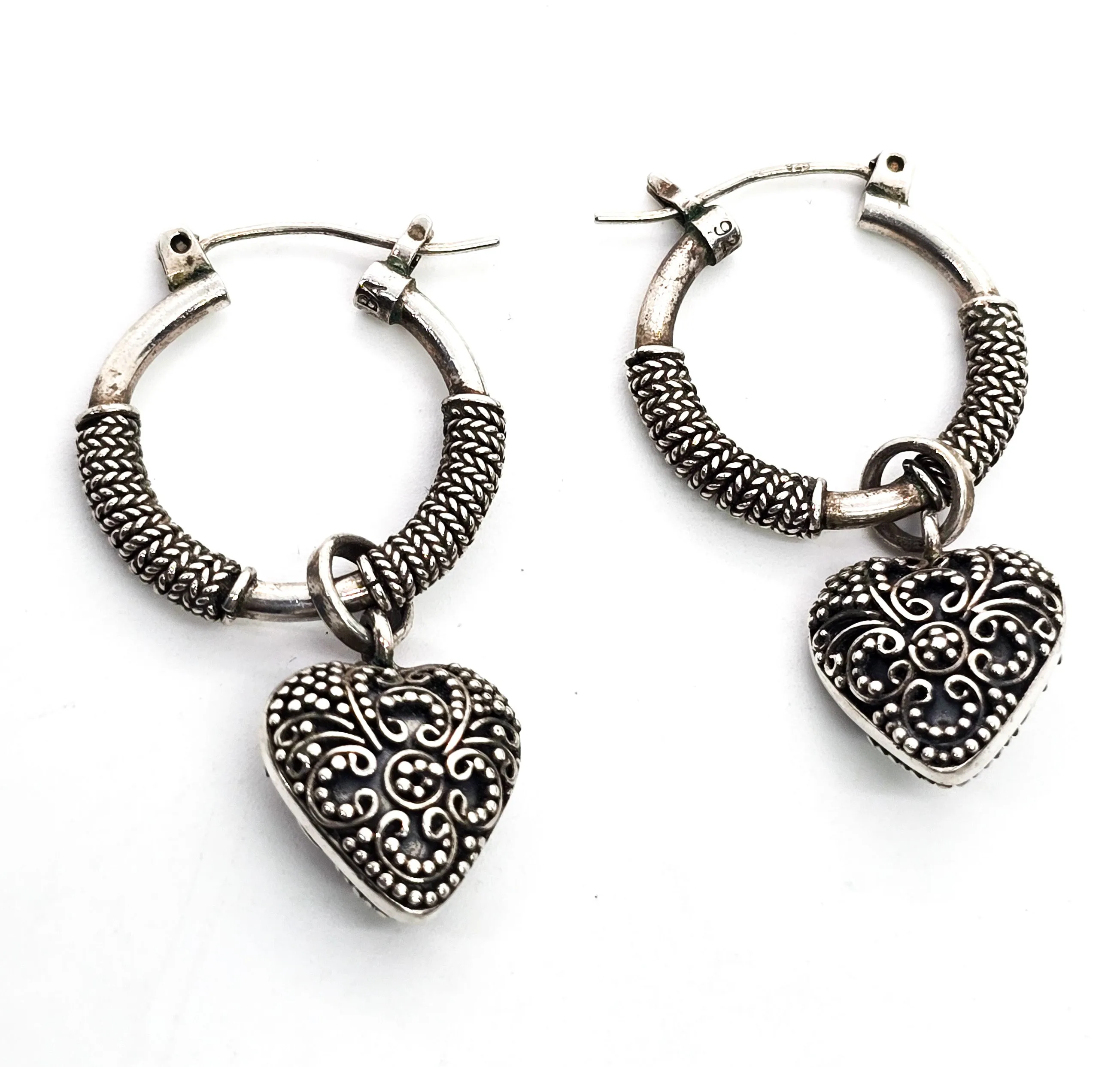 Suarti BA Heart charm hoop lever back sterling silver thick signed earrings