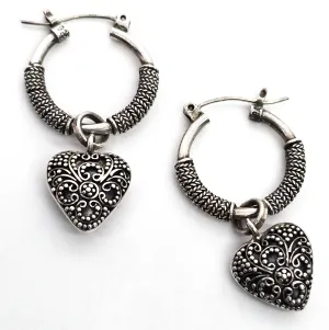 Suarti BA Heart charm hoop lever back sterling silver thick signed earrings