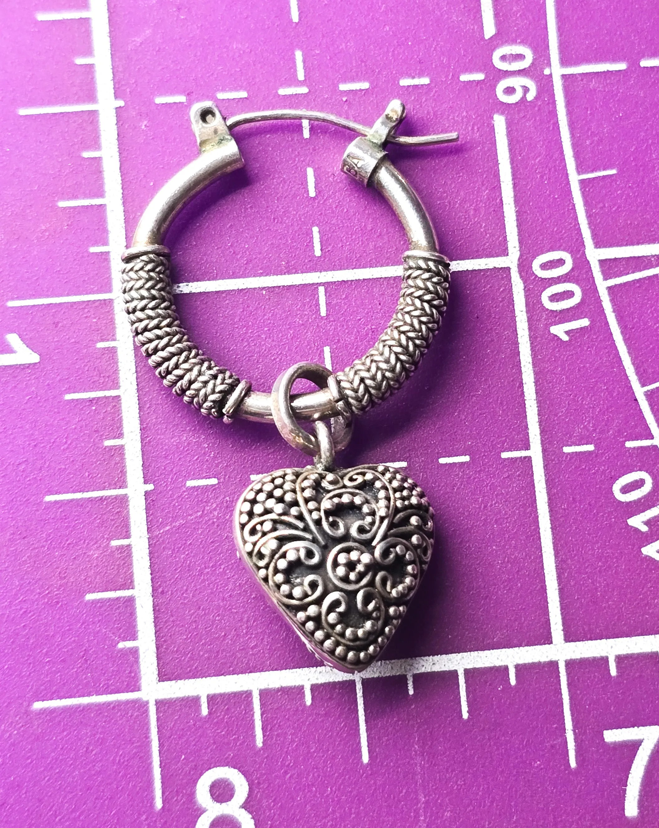 Suarti BA Heart charm hoop lever back sterling silver thick signed earrings