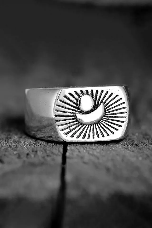 Sun and Moon Signet Ring for Men Sterling Silver