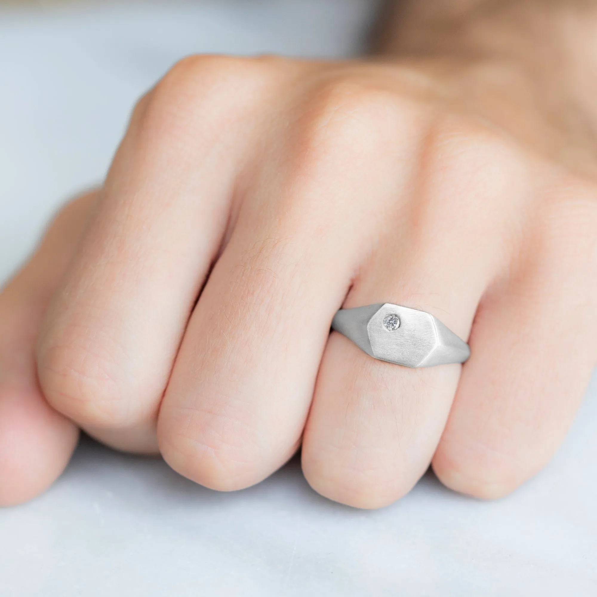 The Hexagon White Diamond Signet Ring | 14K White Gold