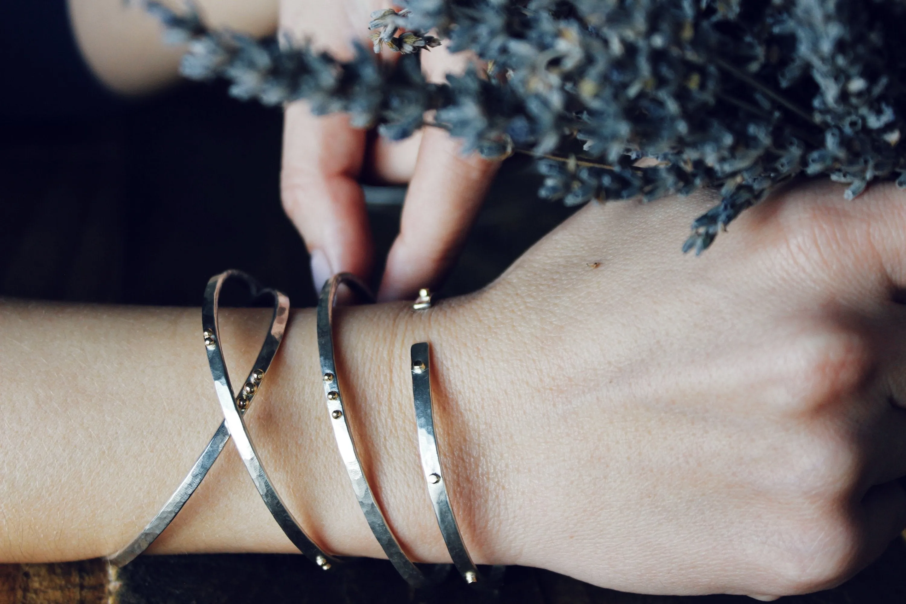 Thin Hammered Bracelet with 5 gold balls