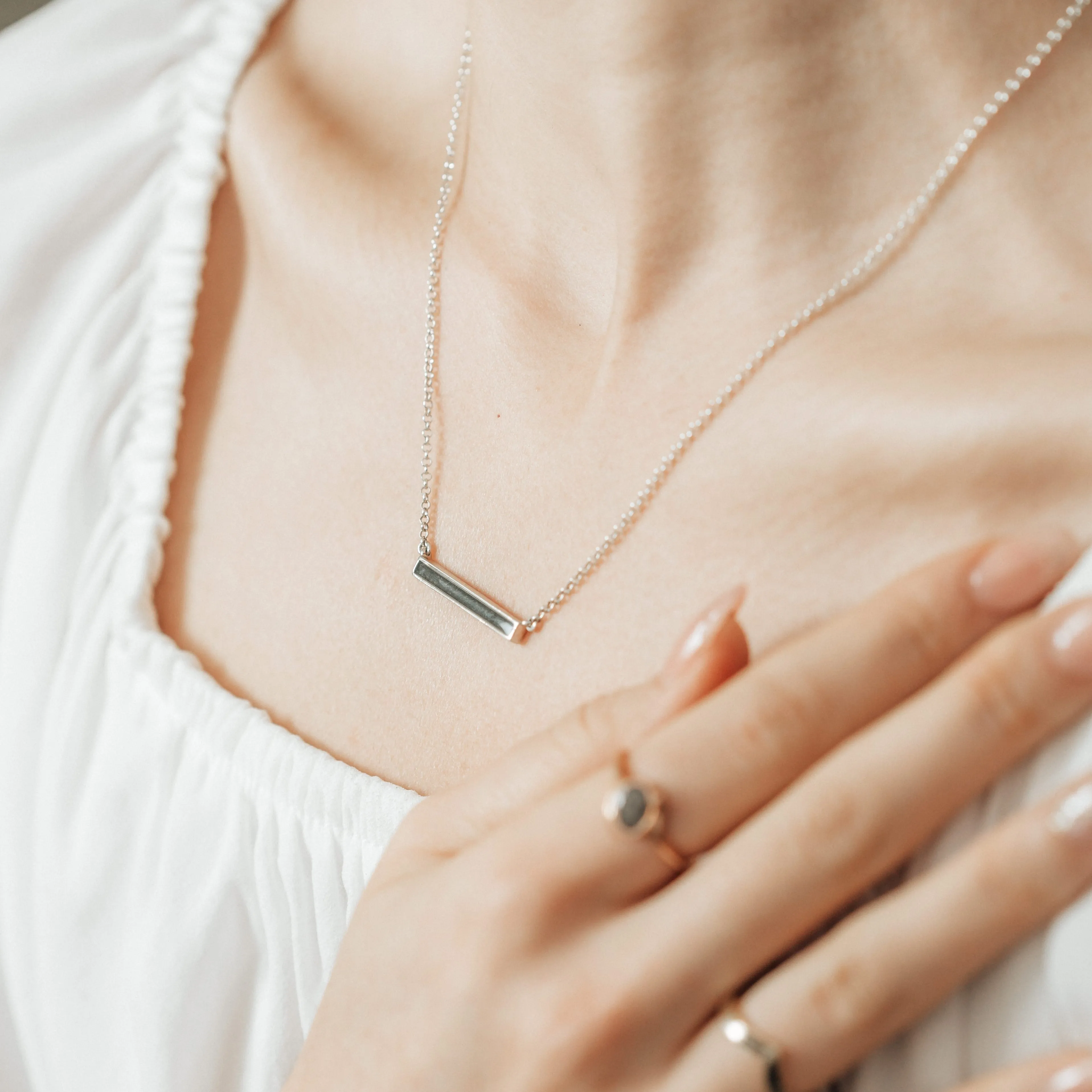 Thin Lateral Bar Cremation Necklace in 14K White Gold