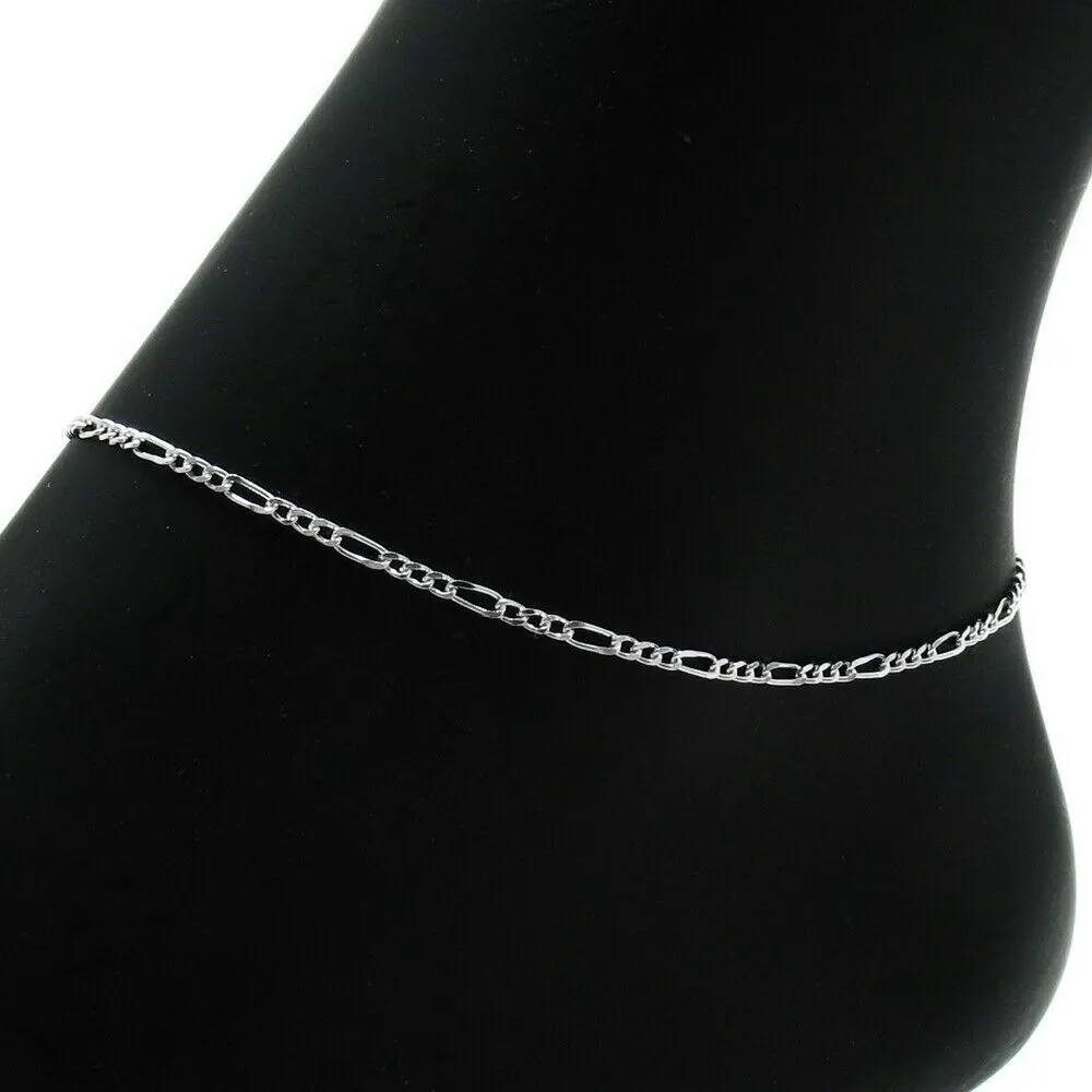 Thin Sterling Silver Figaro Chain Bracelet-Anklet in 1.5mm (Gauge 050) width. Available in 6 Lengths.
