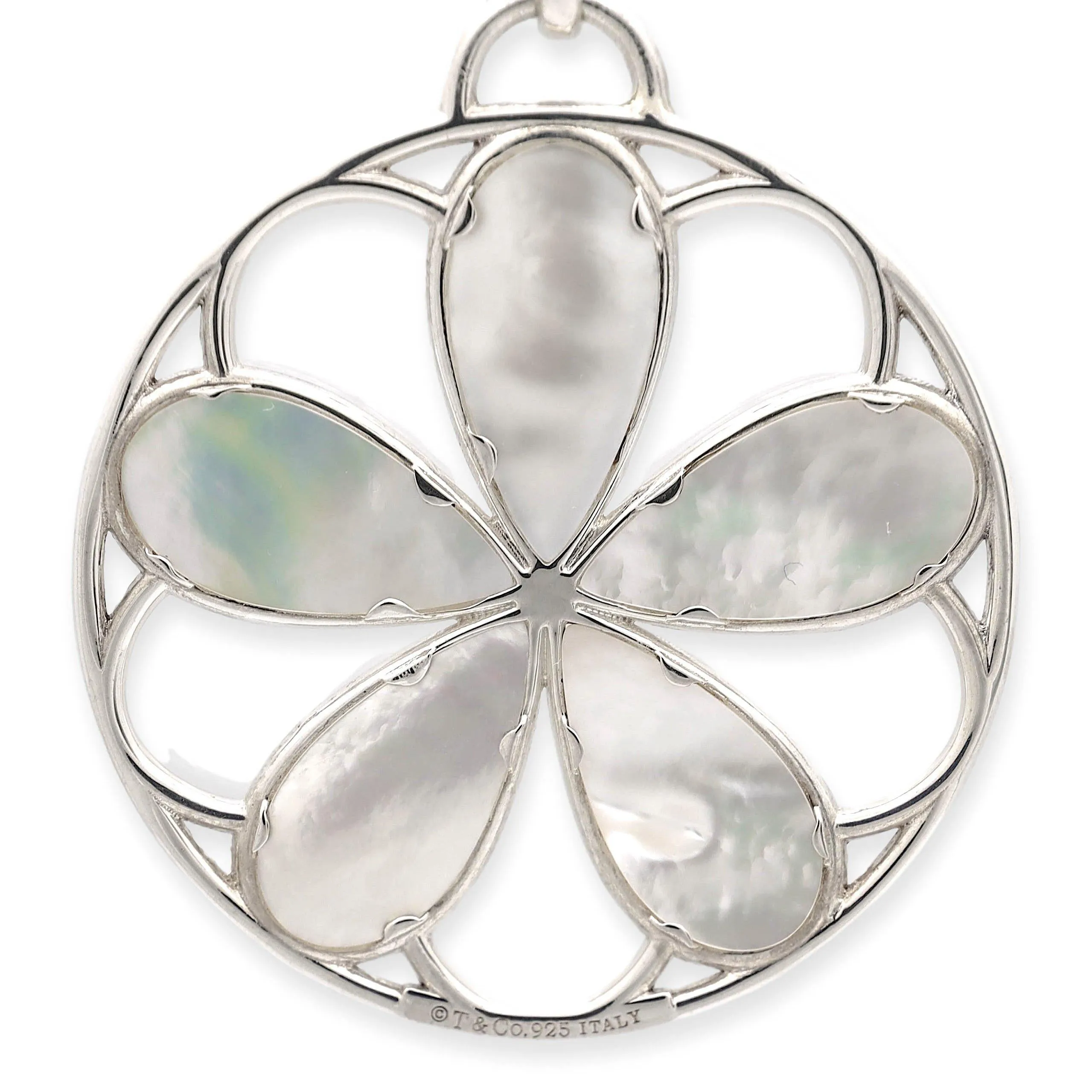 Tiffany & Co. Sterling Silver Mother of Pearl Daisy Flower Pendant Link Necklace