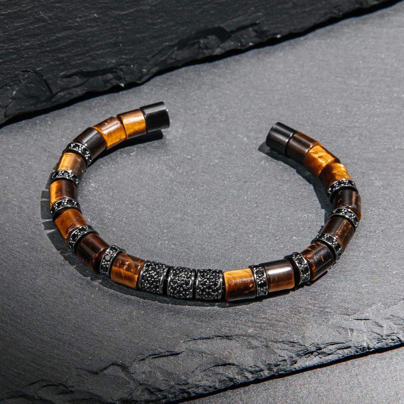 Tiger Eye & Black Beads Cuff Bracelet