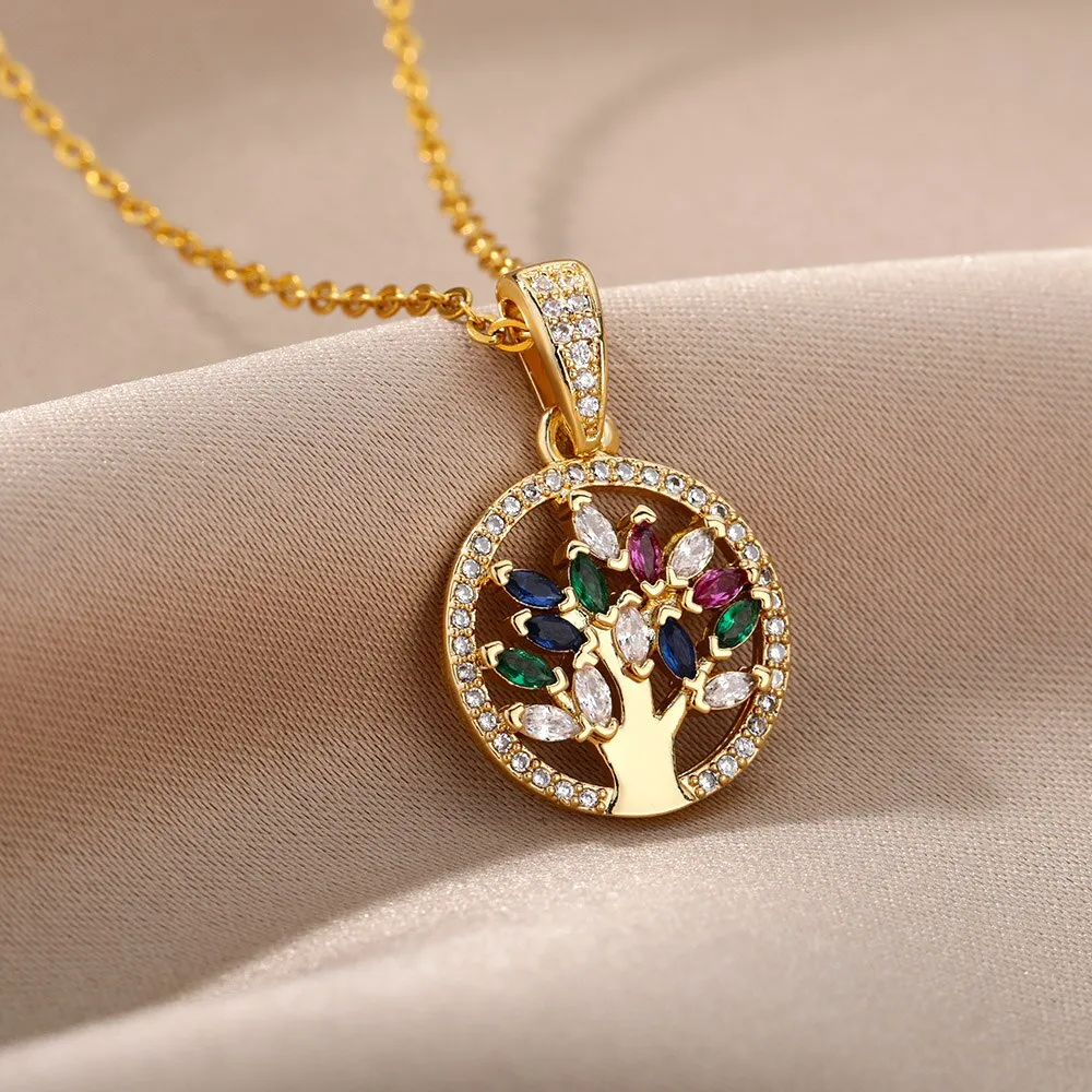 Tree of Life Necklace for Women Stainless Steel Long Chain Pendants Necklaces 2023 Trend Choker Aesthetic Jewelry collares mujer