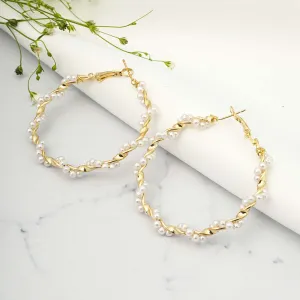 Twisted Pearl String Gold Hoops