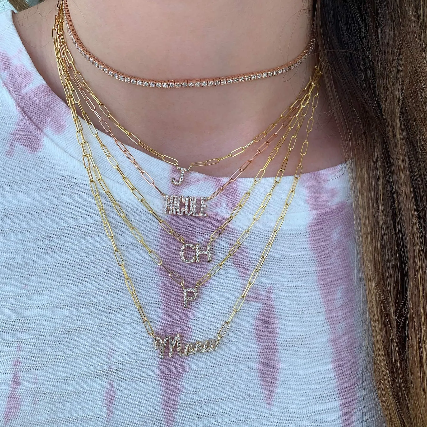 Uppercase Pave Initial Paperclip Necklace