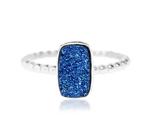 Vertical Rectangle Sapphire Blue Druzy Ring