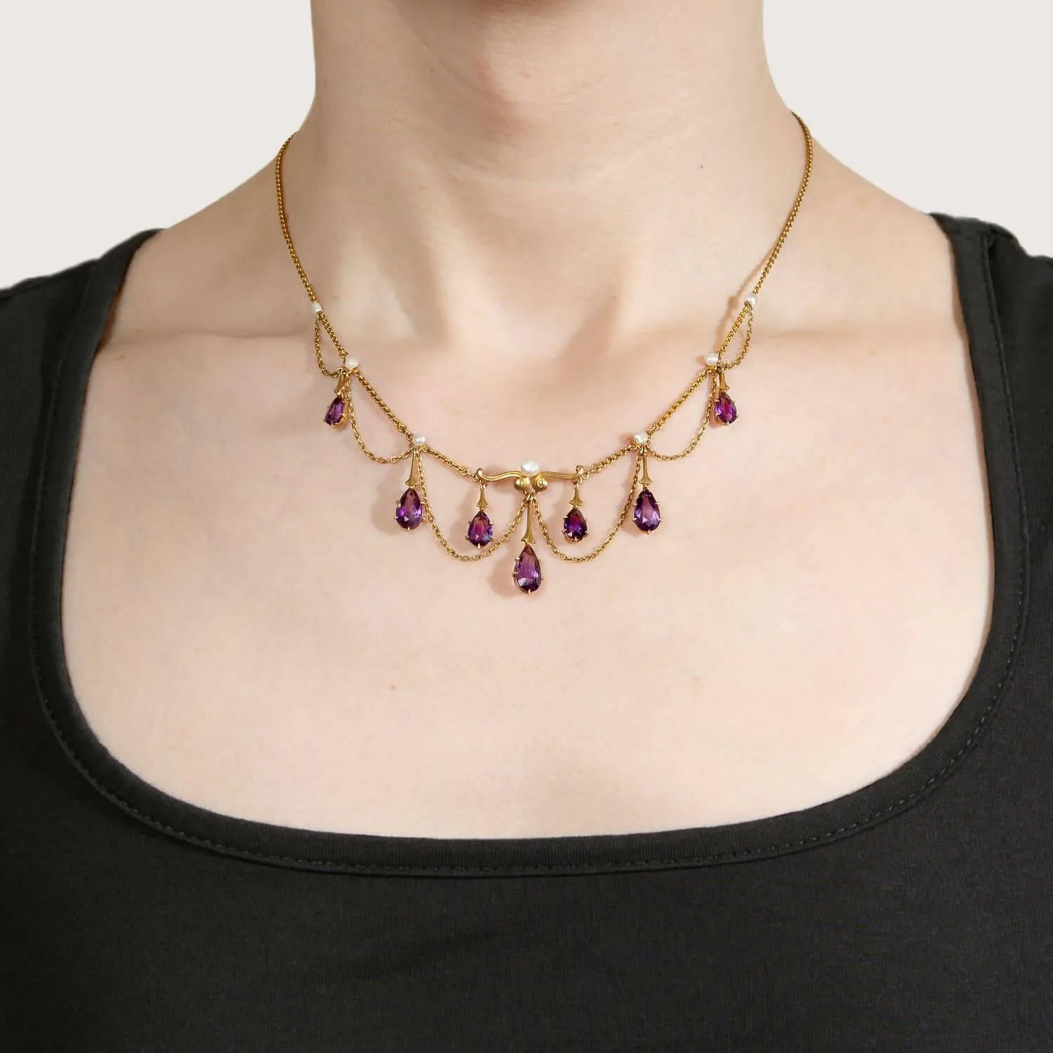 Victorian 14k Amethyst & Pearl Festoon Necklace