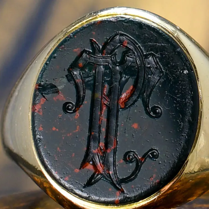 Victorian Monogram Intaglio Bloodstone Signet Ring