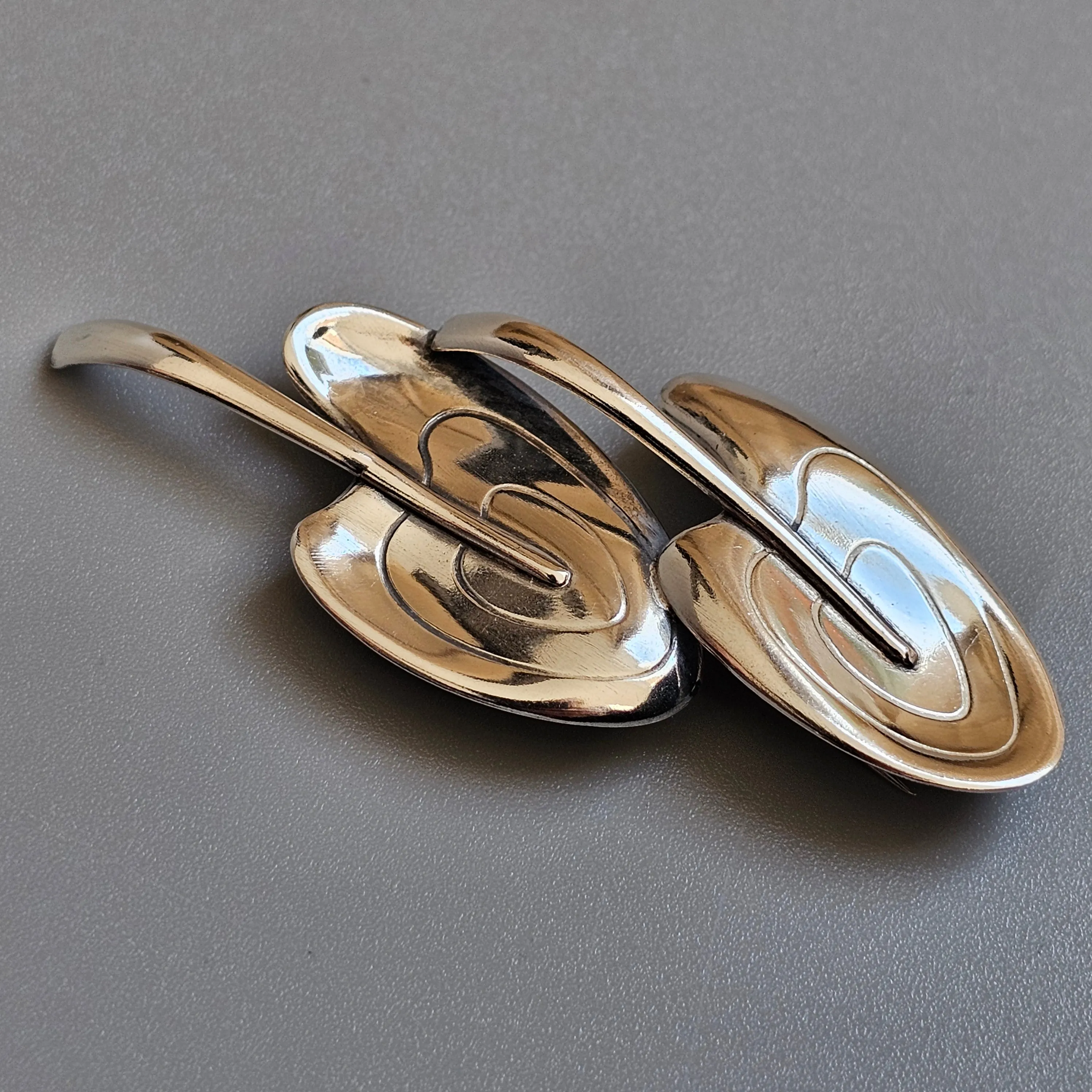 Vintage 1960s Finnish Modernist Silver Double Leaf Brooch by Elis Kauppi, Kupittaan Kulta