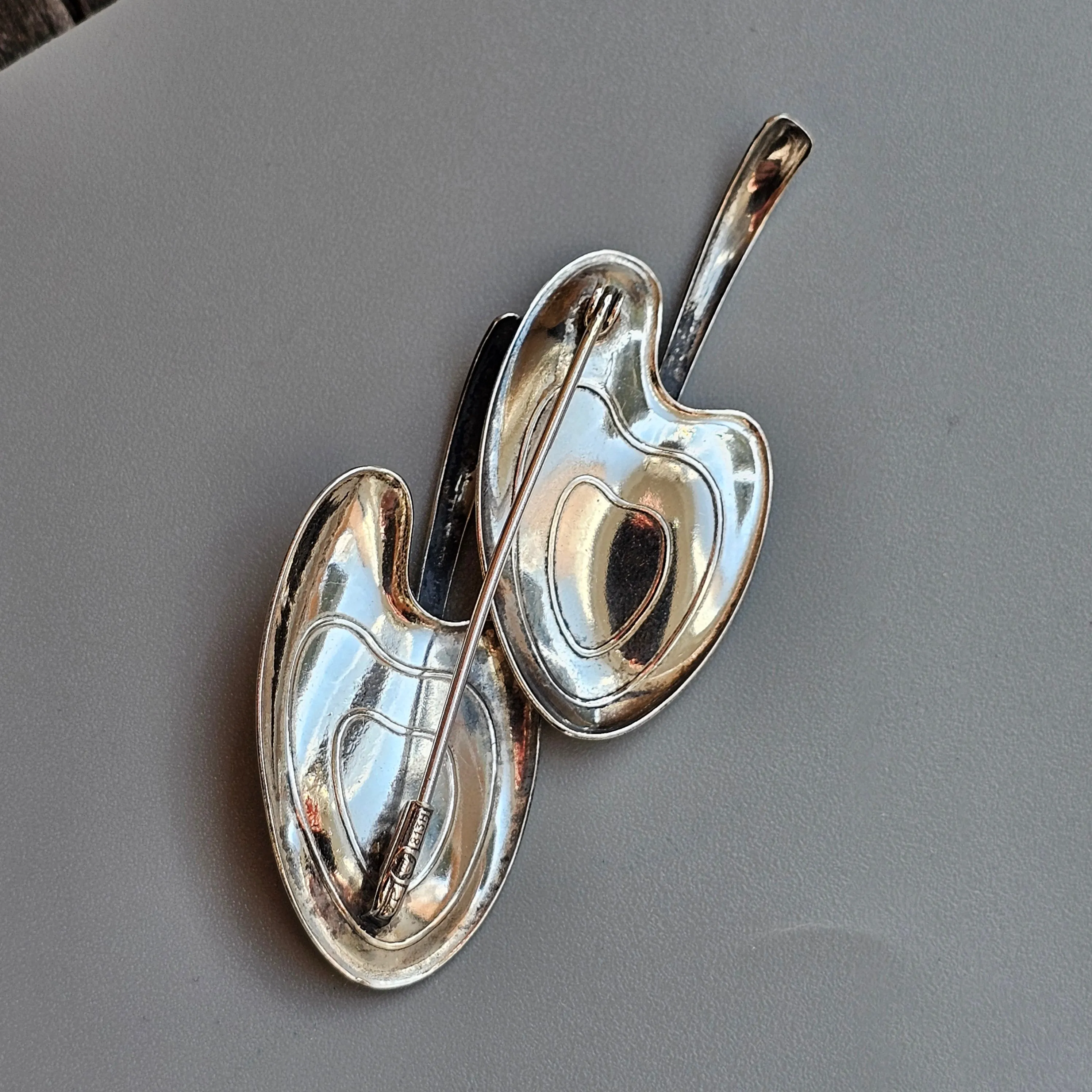 Vintage 1960s Finnish Modernist Silver Double Leaf Brooch by Elis Kauppi, Kupittaan Kulta