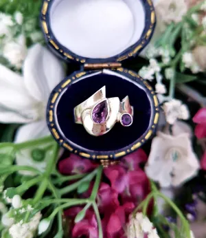 Vintage Modernistic Style Sterling Silver Double Amethyst Statement Ring / Size I or 4.5