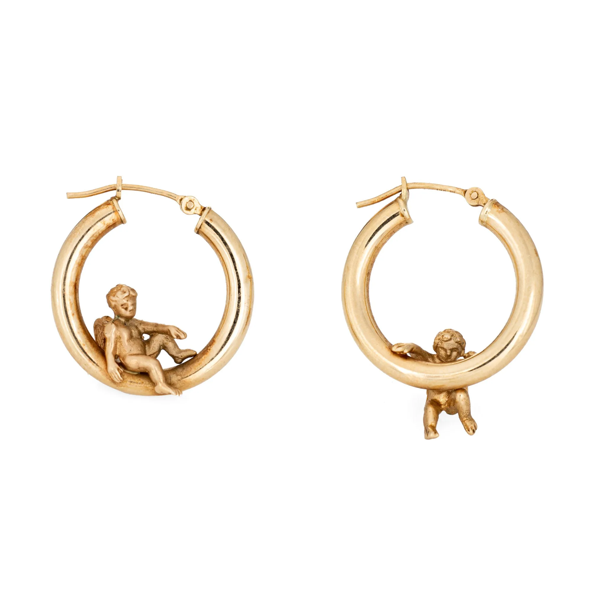 Vintage Winged Angel Hoop Earrings 3/4" 14k Yellow Gold Fine Cupid Jewelry