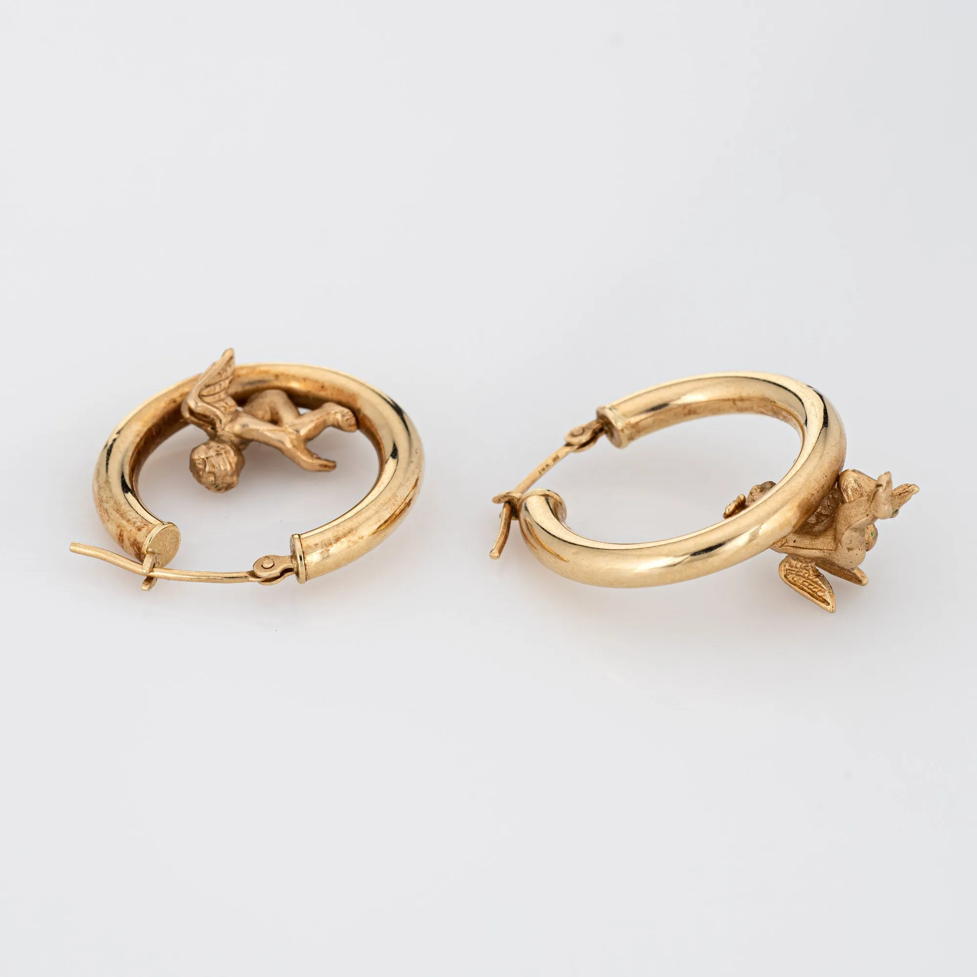 Vintage Winged Angel Hoop Earrings 3/4" 14k Yellow Gold Fine Cupid Jewelry