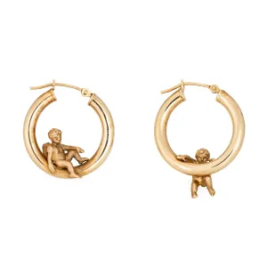 Vintage Winged Angel Hoop Earrings 3/4" 14k Yellow Gold Fine Cupid Jewelry