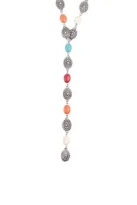 Western Concho Semi Stone Lariat Y Necklace And Earring Set Silver Burnish Multi - Pack of 6