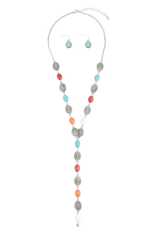 Western Concho Semi Stone Lariat Y Necklace And Earring Set Silver Burnish Multi - Pack of 6