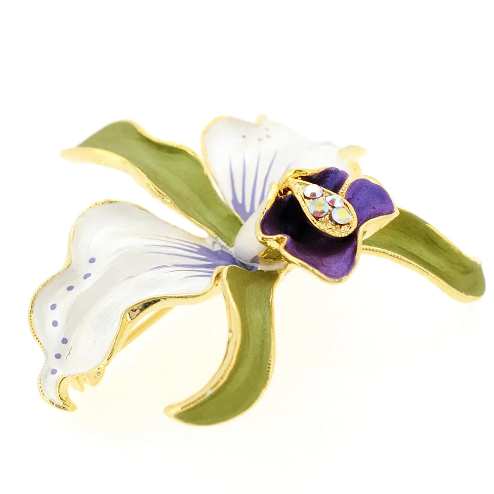 White and Purple Orchid Flower Swarovski Crystal pin brooch