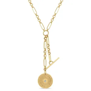 Zoe Chicco Gold Small Sunbeam Medallion & Toggle Paperclip Rolo Chain Lariat