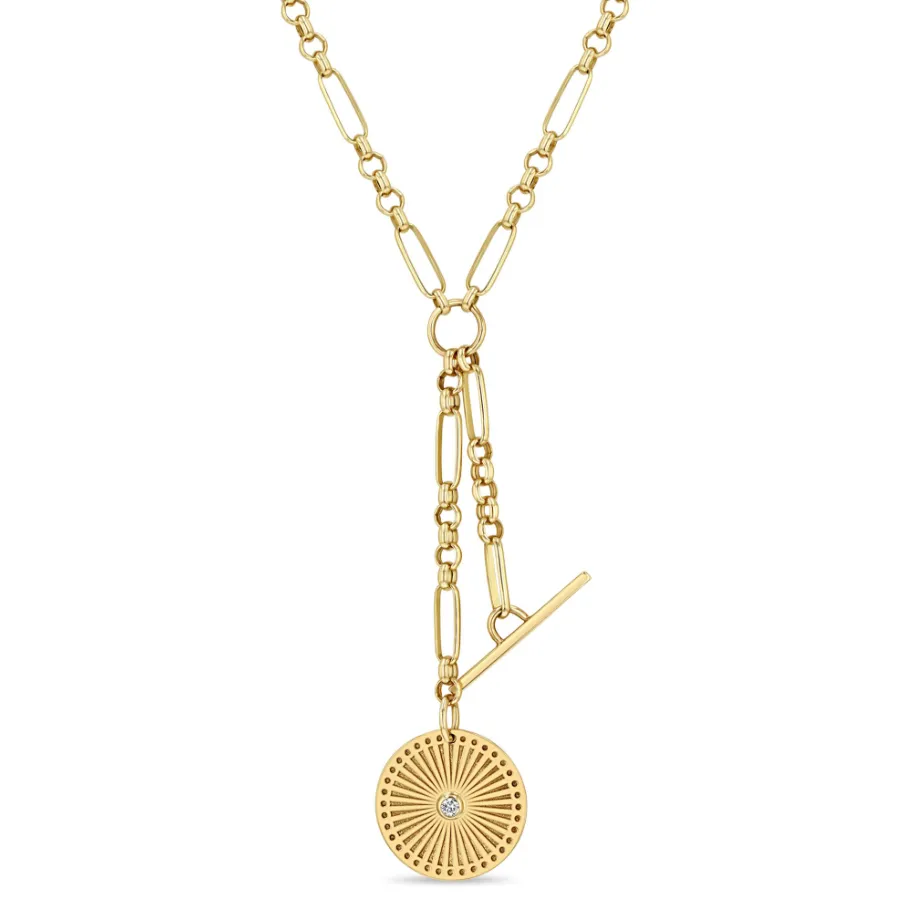 Zoe Chicco Gold Small Sunbeam Medallion & Toggle Paperclip Rolo Chain Lariat